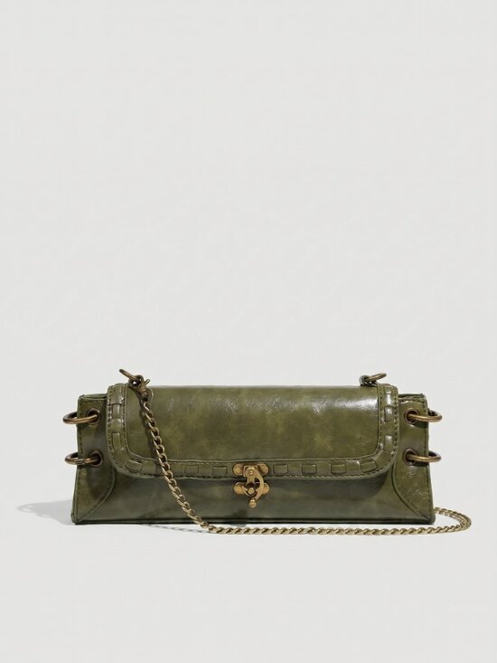 Nikol Handbags - Women's Vintage Green Leather Crossbody Shoulder Bag with Chain Strap, Chic Clut